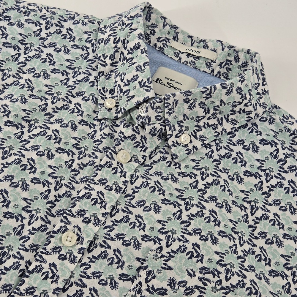 Ben Sherman Button Down Men M Blue Green Floral Leaf Print Short Sleeve Stretch